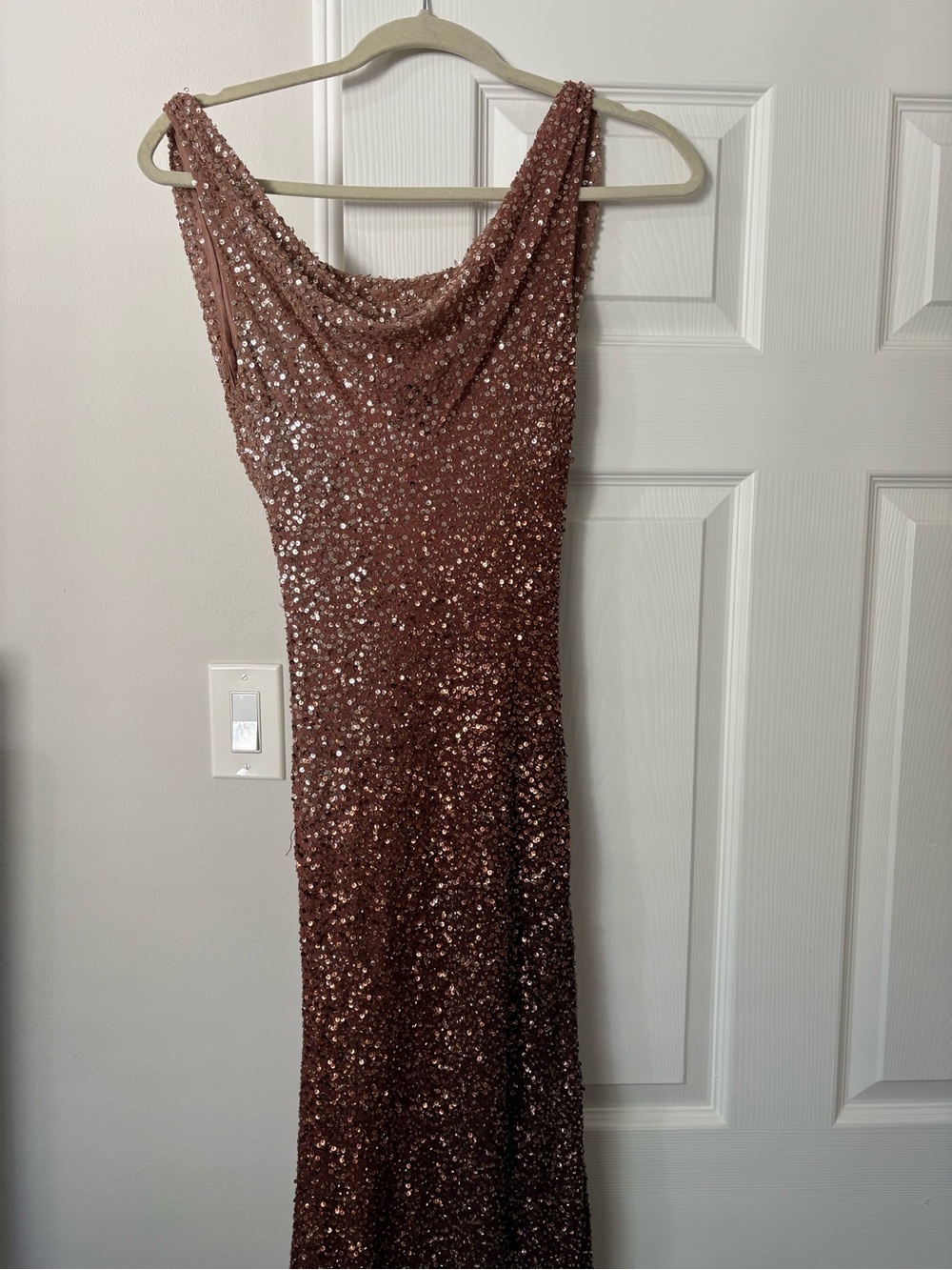 Jovani Rose Gold Sequin Cowl Neck Prom Dress